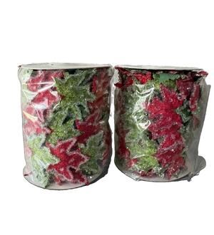 RAZ Holiday Ribbon 1.75” x 5 Yds Beaded Holly Leaf Garland Trim Lot of 2